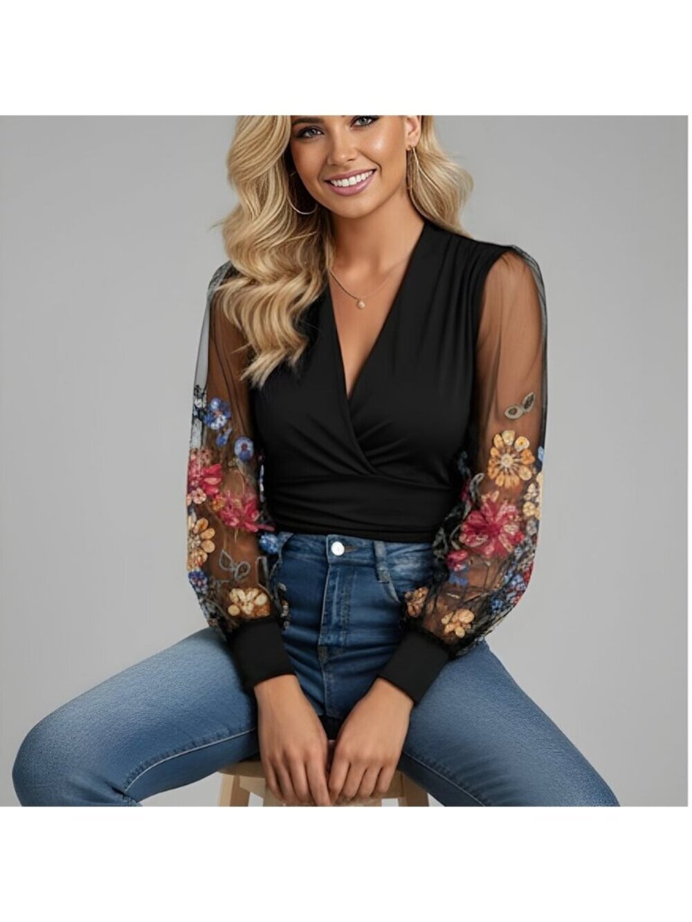 Boho Floral Embroidered Lantern Sleeves Top Black